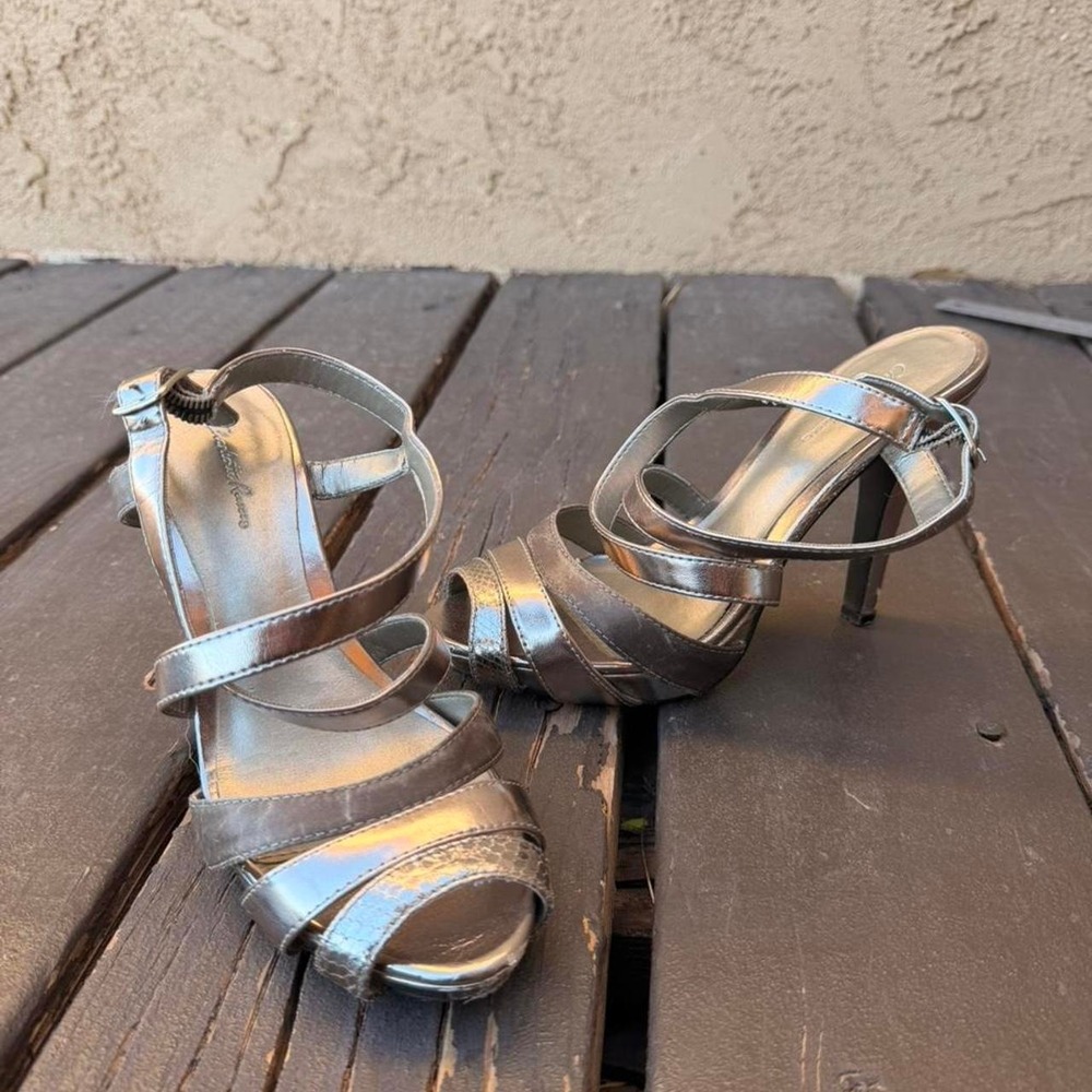 silver metallic strappy heels